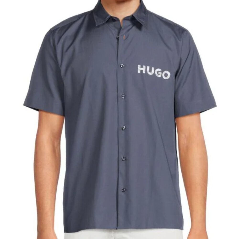 NWT Hugo Boss Ebor Logo Printed 100% Cotton Short-Sleeve Men's Shirt XXL 2XL